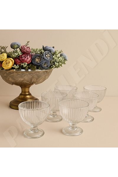 PAKETLENDİ Handmade Striped 6 Pieces Ice Cream Bowl, Cookie Bowl, Candy Bowl, Footed Mug Bowl 250ml - Luce Ice Cream