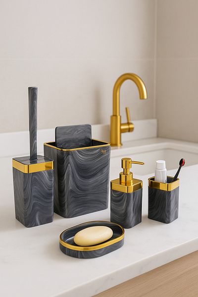 İmera Acrylic 5 Piece Square Bathroom Set Glossy Grey-gold