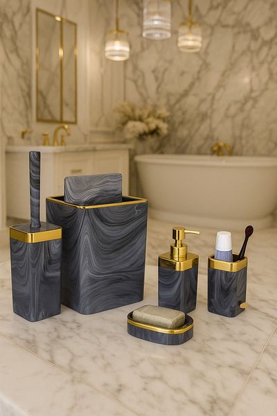 İmera Acrylic 5 Piece Square Bathroom Set Glossy Grey-gold