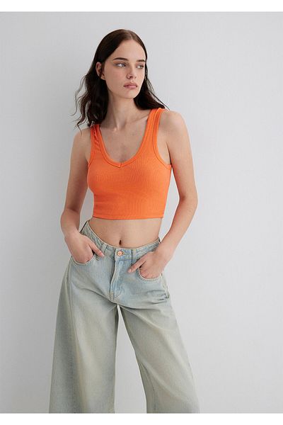 Mavi V Neck Orange Basic Crop Tank Top Crop / Short Cut 1612375-71272