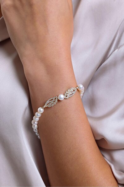 Birinci 14 Ayar Altın 9 mm Yaprak Taşlı Doğal İnci Küpe Kolye Bileklik Üçlü Set