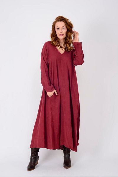 EREN STYLE Italian V-neck Long Sleeve Linen Dress