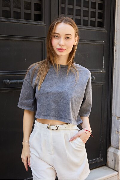 Crop Gris Anthracite Yıkamalı Kumaş Antrasit Crop Tshirt