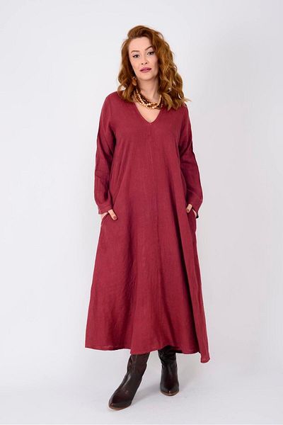 EREN STYLE Italian V-neck Long Sleeve Linen Dress
