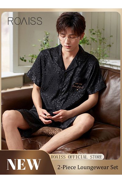 ROAISS 2 Piece Loungewear Set for Men Short Sleeves Shorts Ice Silk Pajamas Comfortable Pajama Set Skin Fri