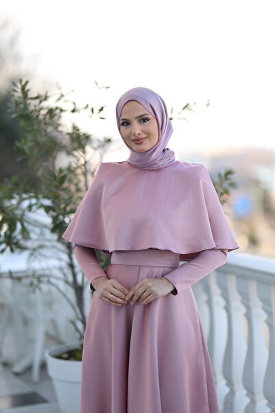 DİSE Kadın Gül Kurusu Pelerin Detaylı Belle Tesettür Abiye,elbise,mezuniyet,balo,gece Elbisesi