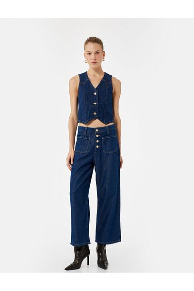 Koton Regular Leg Button High Waist Cotton Wide Leg Crop Jeans - Wide Leg Jeans