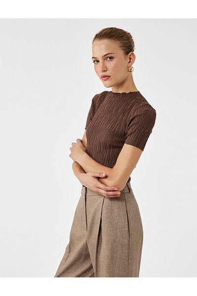 Koton Short Sleeve Crew Neck Gathered Textured Knit Sweater