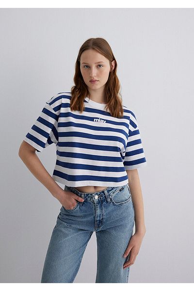 Mavi Tricou cu dungi cu imprimeu Miau Crop / Cropped 1612456 -87201