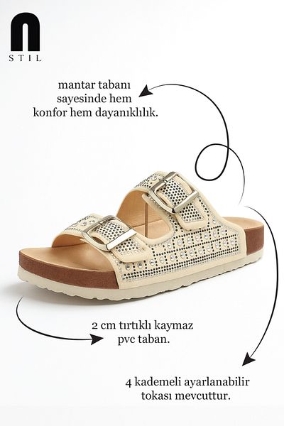 İmerShoes Καθημερινές γυναικείες παντόφλες με διπλή πόρπη με χάντρες Λεπτομερείς μαλακές άνετες ορθοπεδικές σόλα από φελλό 114