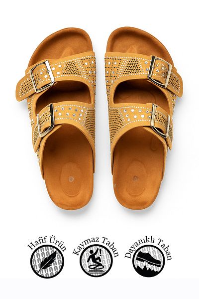 Nstil Daily Women's Tan Slippers Double Buckle Bead Detailed Soft Orthopedic Cork Sole Shoes 114