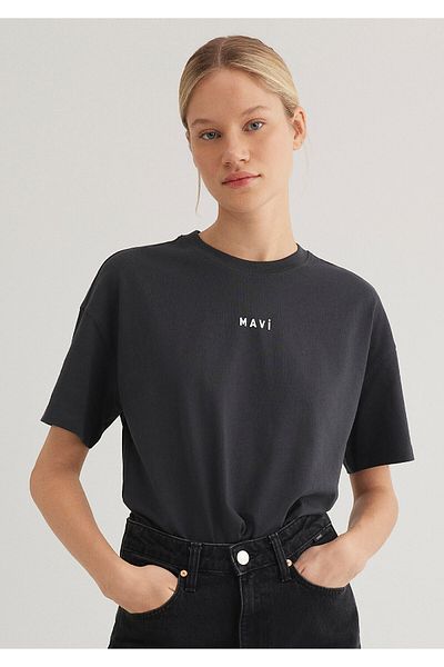 Mavi Logo Printed Anthracite T-Shirt Loose Fit / Loose Relaxed Fit 1612518 -70087