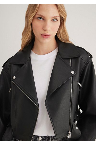 Mavi Faux Leather Black Crop Jacket - Regular Fit 1110375 -900