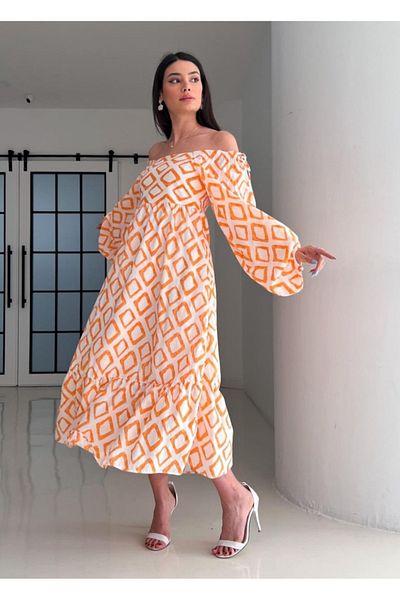 My Blog Orange Balloon Sleeve Patterned Dress - 2906