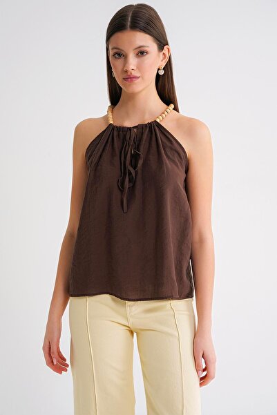 Mixray 4664 Γυναικεία μπλούζα με λουράκι με χάντρες καφέ