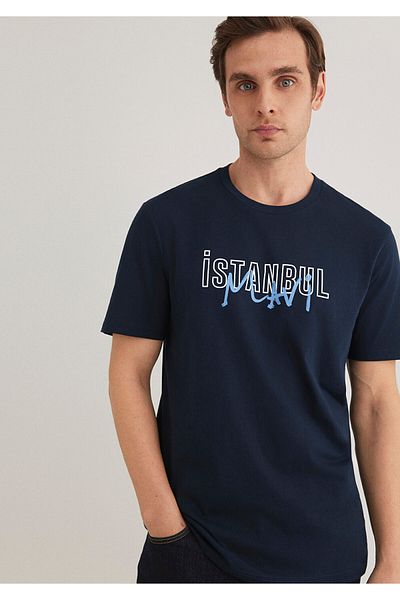 Mavi Marineblaues T-Shirt mit Istanbul-Aufdruck, reguläre Passform 067114 -34319