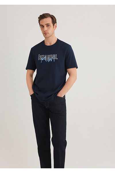 Mavi Marineblaues T-Shirt mit Istanbul-Aufdruck, reguläre Passform 067114 -34319