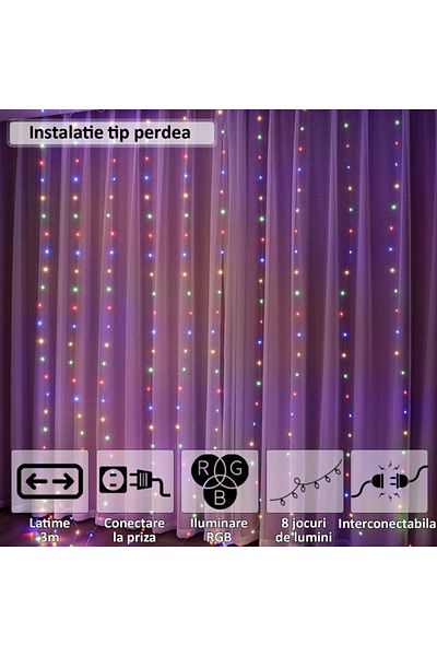 NEXTLY Instalatie De Craciun Tip Perdea , Interconectabila, Lumini Led Rgb, 8 Jocuri De Lumini