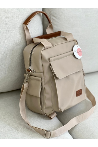 BAGLOVİS YANLARI VE ÖCÜ CEP DETAYLI VİZON KADIN SIRT ÇANTASI