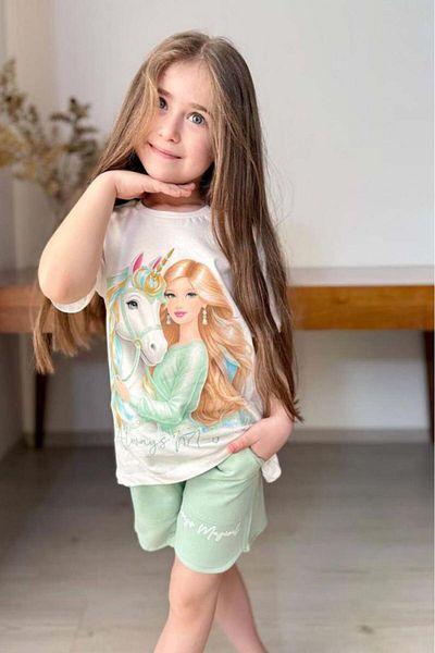 Riccotarz Girl's Digital Baby and Horse Printed Combed Cotton T-Shirt Green Shorts Set