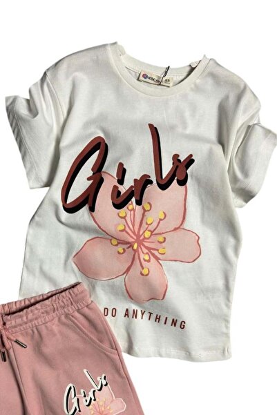 Riccotarz Girl's Flower and Girl Text Printed Combed Cotton T-Shirt Powder Shorts Set