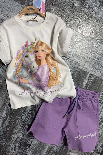 Riccotarz Girl's Digital Baby and Horse Printed Combed Cotton T-Shirt Lilac Shorts Set