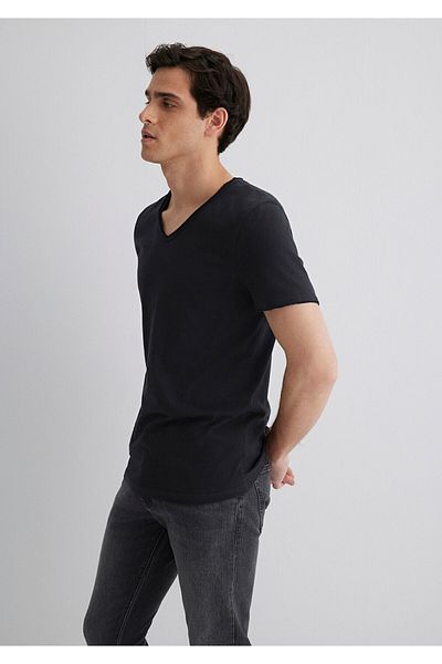 Mavi Μαύρο T-Shirt με λαιμόκοψη - Λεπτομερές ράψιμο, Εφαρμοσμένη κοπή062773-26341