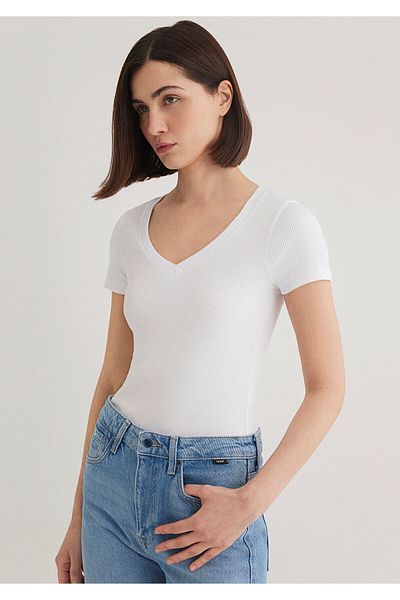 Mavi Tricou alb de bază cu decolteu în V, croiat 1601040 -620