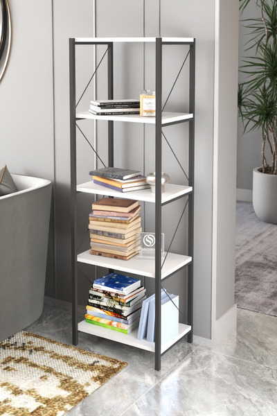 DizaynMotion 150cm Dar Dekoratif Raf Kütüphane Salon Ofis Dolabı Beyaz