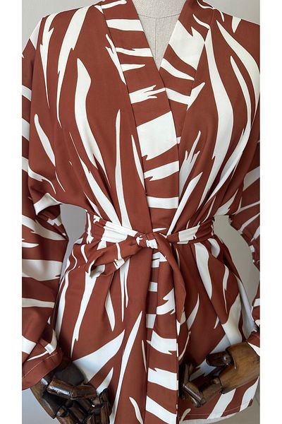 Glowear Atelier Brown Zebra Patterned Design Belted Kimono