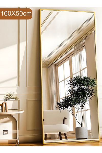Taimi Large Mirror With Elegant Design 160x50 Cm-full Length Mirror With Gold Metal Frame And Back Stand