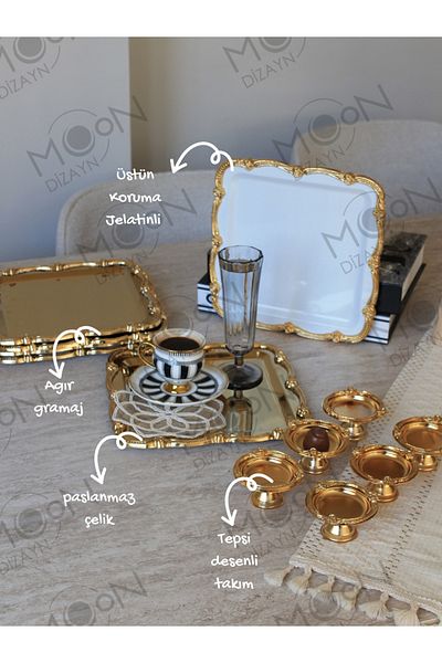 Moon Dizayn 6 Piece Presentation Set for 2 People Presentation Napkin Turkish Delight Bowl Gold Tray Casting Gold Rose Framed