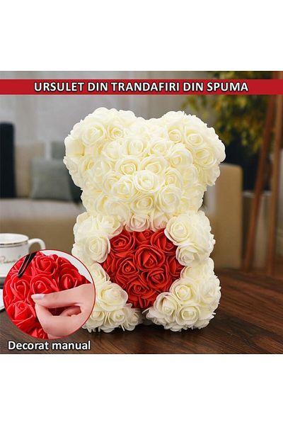 NEXTLY Ursulet Din Trandafiri Din Spuma , Decorat Manual, 25cm, Cutie Transparenta Inclusa, Alb-rosu