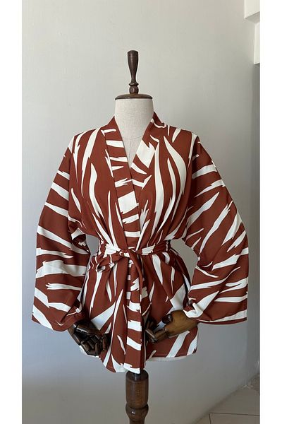 Glowear Atelier Brown Zebra Patterned Design Belted Kimono