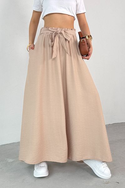 Cappmoda Pnt-07410 Stone Color Woven Belted Shalwar Skirt Trousers