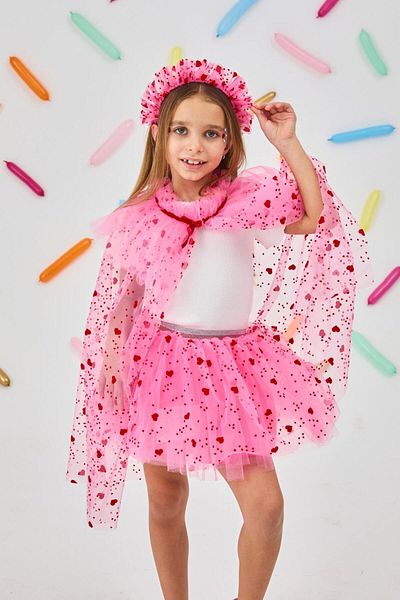 Le Mabelle Pink Flock Heart Printed Girl's Cape, Staff and Crown Set