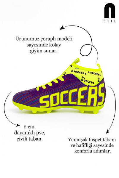 Nstil Erkek Çocuk Mor Sarı Halı Saha Krampon Çoraplı Çivili Futbol Spor Ayakkabısı F35kr