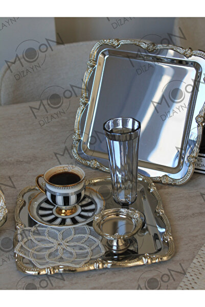 Moon Dizayn 18 Parça 6 Kişilik Gümüş Gül Çerçeve Sunum Seti Tepsisi ,peçete,lokumluk