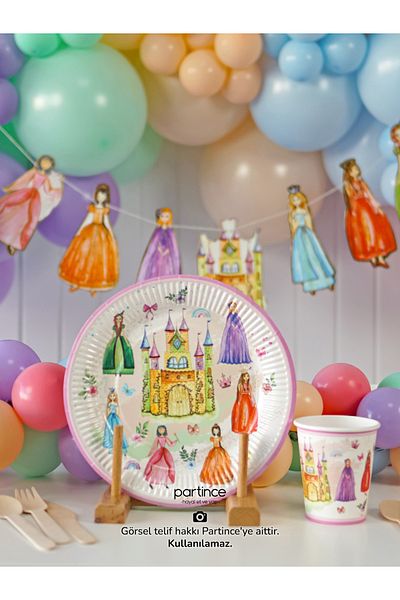 partince 8 Personality Princess Castle Theme Μίας χρήσης Χάρτινο Πιάτο-Ποτήρι-Πιρούνι Κουτάλι-Μαχαίρι-Σετ πάρτι 3 τεμαχίων