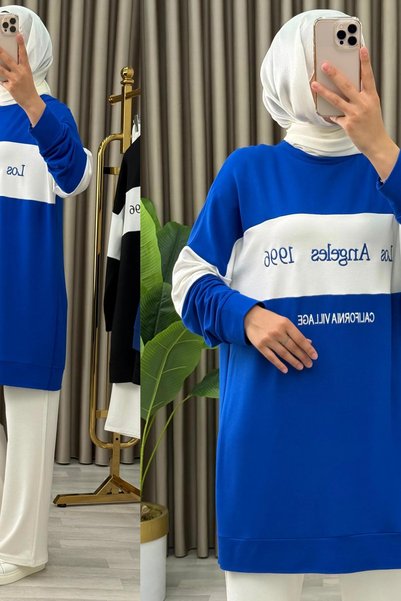 ALYA Printed Aycan Set Crystal Fabric Women's Cobalt Blue Casual Sports Two-Piece Set with Pants