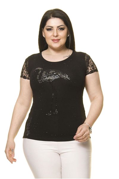 Moday Women's Large Size Black Stone Embroidered Flamingo Body 16e-70009