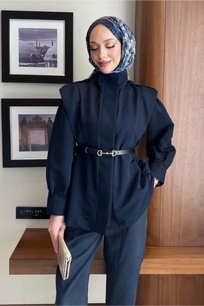 BİNAAR Shoulder Epaulettes Trench Navy Blue