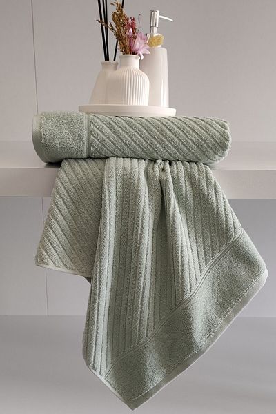 Sevim Μαλακή πετσέτα χεριών 100% βαμβάκι 50x90 cm - Σετ 2 γεωμετρικών πετσετών - Πράσινο