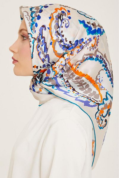 Armine Ecru-μωβ Ethnic Pattern Sura Silk Scarf 9130-60