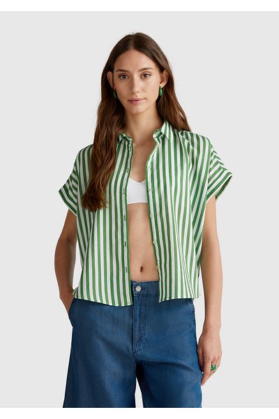 United Colors of Benetton Cămașă cu mâneci kimono cu dungi din amestec de in verde pentru femei