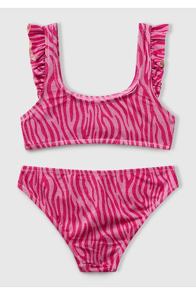 United Colors of Benetton Girl's Fuchsia Glitter Patterned Ruffle Detailed Strap Bikini Set