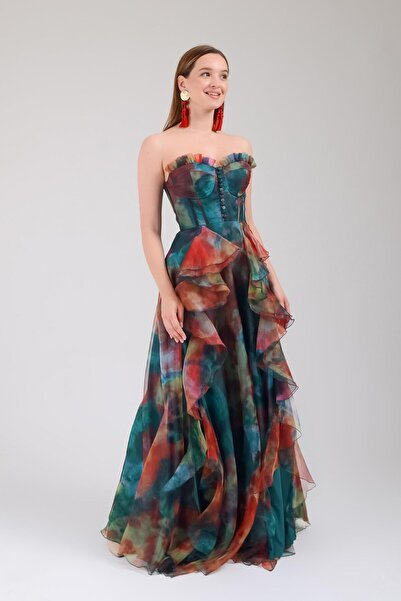 SpringStore Yeşil Desenli Straplez Abiye Elbise