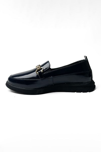 RABU Size 1 Narrow Fit Navy Blue Patent Leather Women's Genuine Leather Internal Hidden Wedge Heeled Loafer Shoes