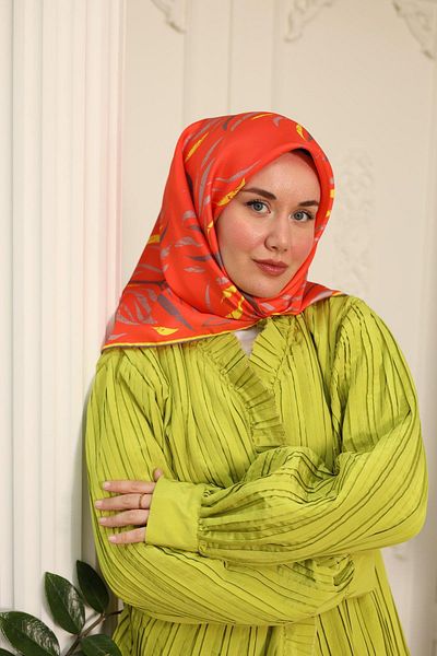 Silk Home Orange Yellow Patterned Tivil Silk Scarf 11432-18