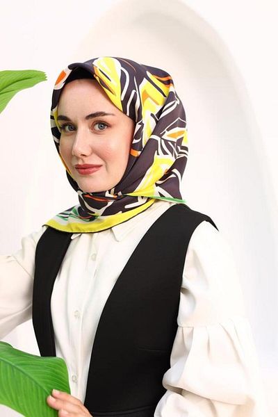 Silk Home Κίτρινο-λευκό μοτίβο γεωμετρικών φύλλων Tivil μεταξωτό φουλάρι 11407-10